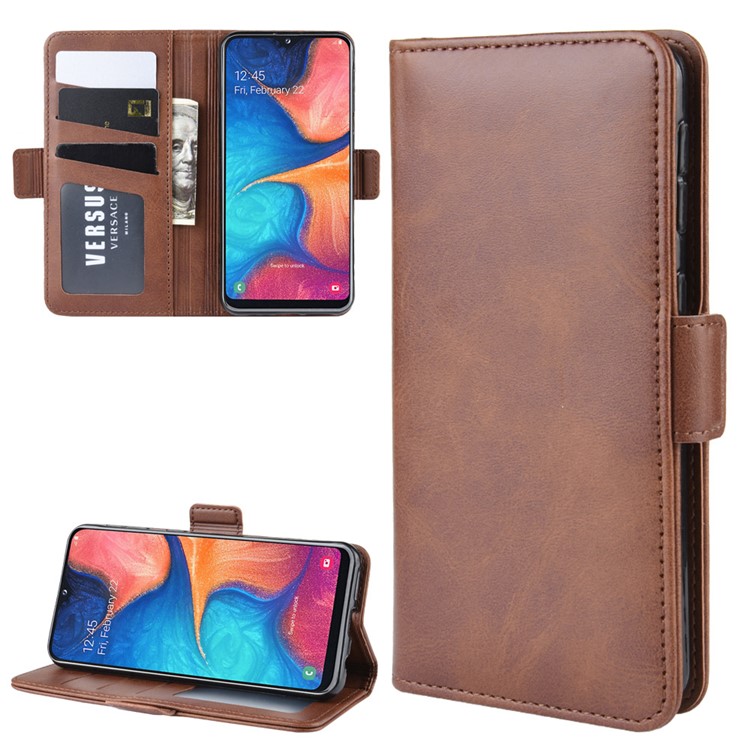 Etui Portefeuille Magnétique En Cuir À Double Fermoir Pour Samsung Galaxy A20e - Café-5