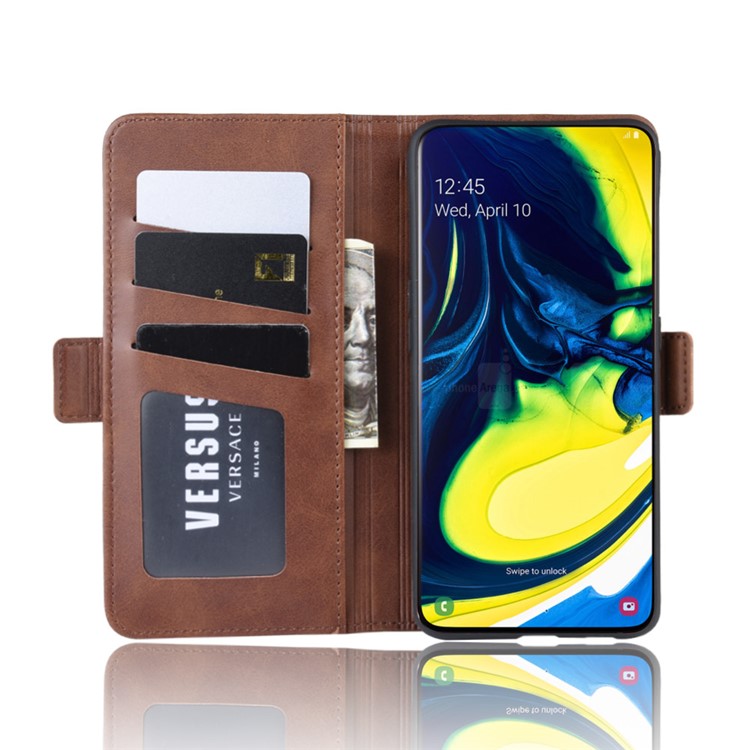 Magnetic Double Clasp Leather Wallet Stand Case for Samsung Galaxy A80/A90 - Coffee-3