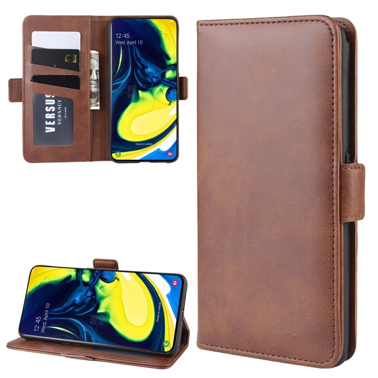 Magnetic Double Clasp Leather Wallet Stand Case for Samsung Galaxy A80/A90 - Coffee-5