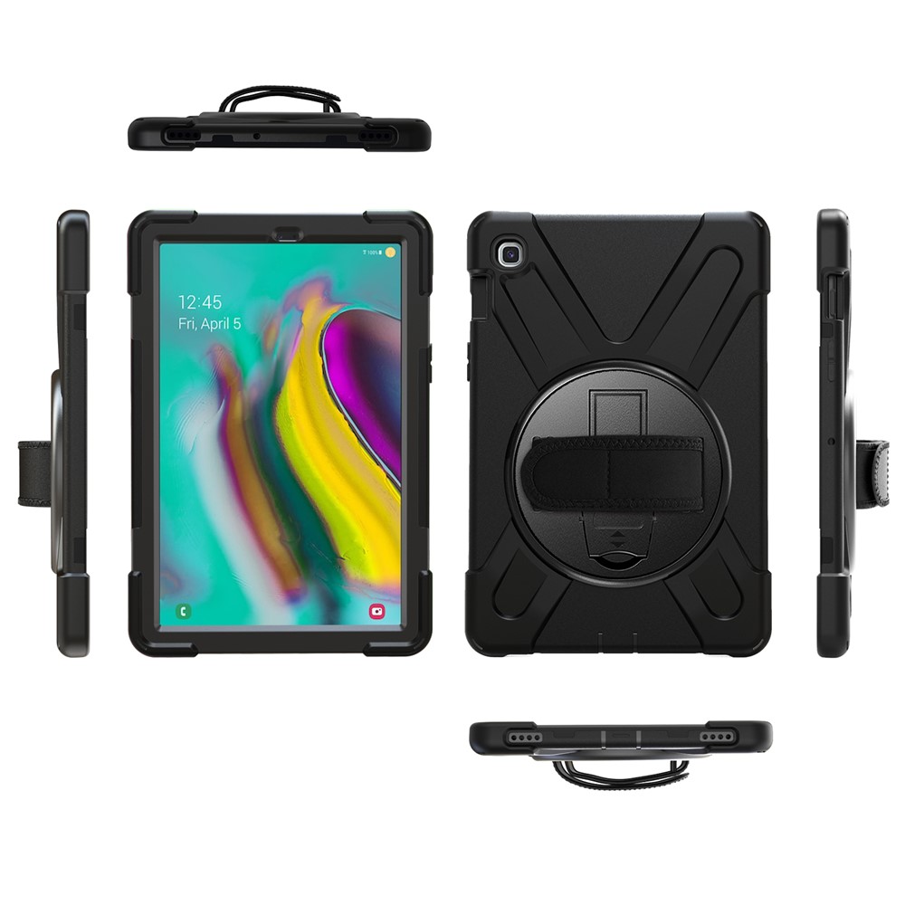 Pour Samsung Galaxy Tab S5e SM-T720 X-Shape 360 ​​degrés Kickstand PC + Couvercle de Tablette en Silicone Avec Sangle à Main - le Noir