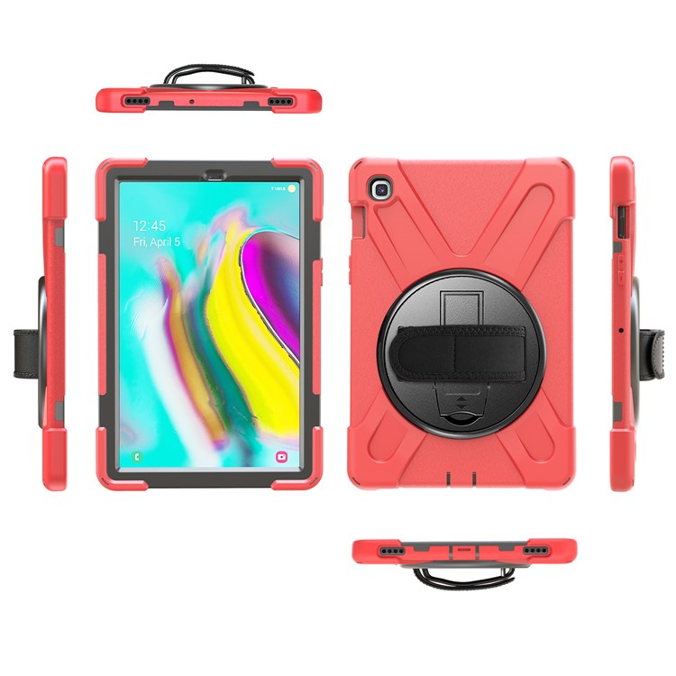 For Samsung Galaxy Tab S5e SM-T720 X-Shape 360 Degree Rotary Kickstand PC + Silicone Tablet Cover with Hand Strap - Red-2
