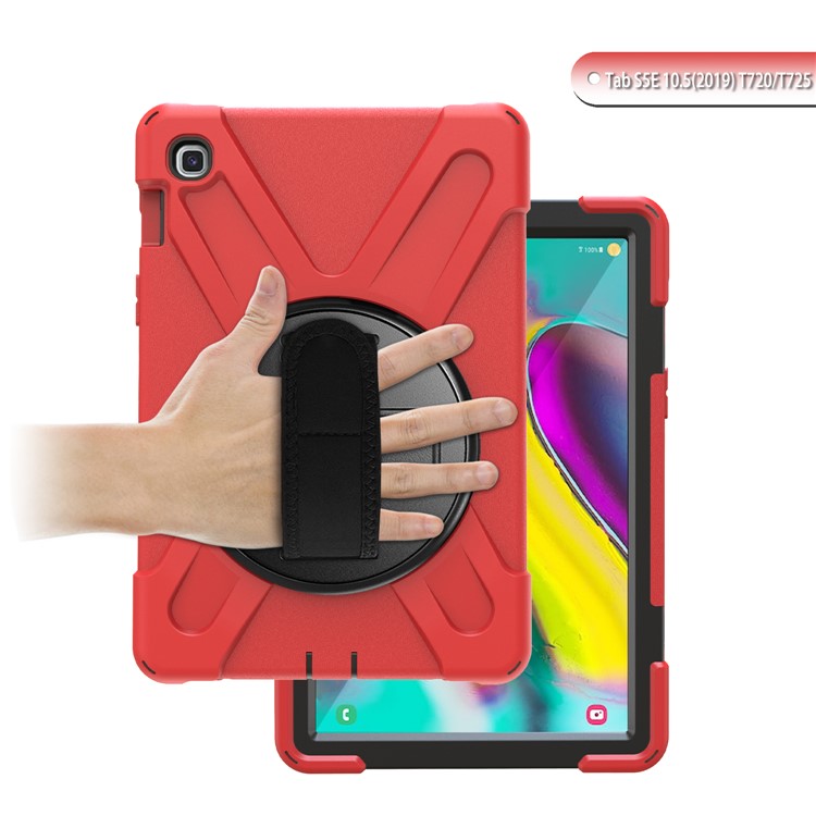 For Samsung Galaxy Tab S5e SM-T720 X-Shape 360 Degree Rotary Kickstand PC + Silicone Tablet Cover with Hand Strap - Red-6