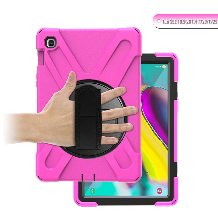 For Samsung Galaxy Tab S5e SM-T720 X-Shape 360 Degree Rotary Kickstand PC + Silicone Tablet Cover with Hand Strap - Rose-3