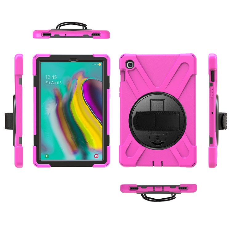 For Samsung Galaxy Tab S5e SM-T720 X-Shape 360 Degree Rotary Kickstand PC + Silicone Tablet Cover with Hand Strap - Rose-4