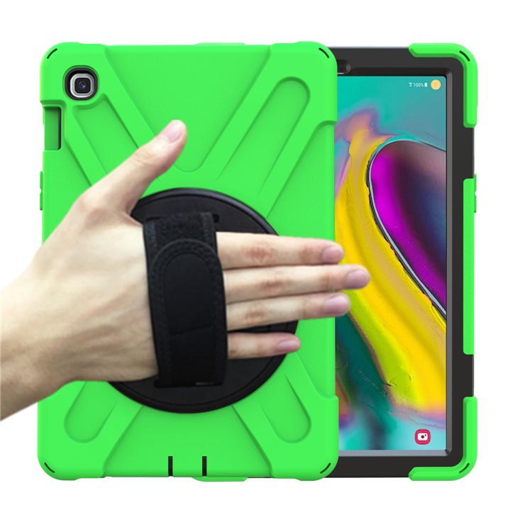 For Samsung Galaxy Tab S5e SM-T720 X-Shape 360 Degree Rotary Kickstand PC + Silicone Tablet Cover with Hand Strap - Green-1