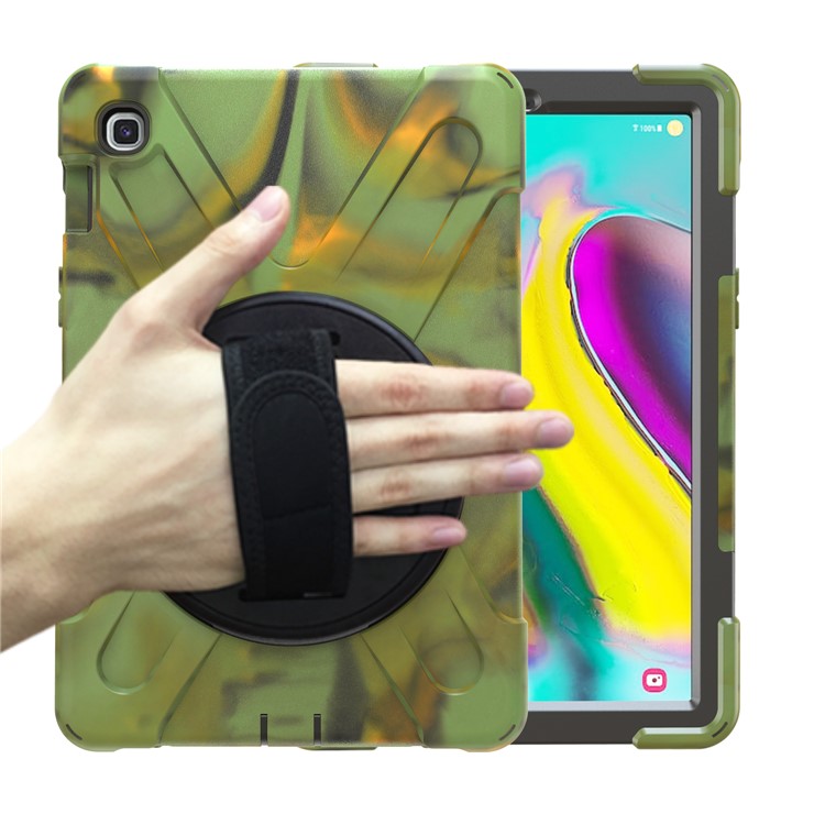 For Samsung Galaxy Tab S5e SM-T720 X-Shape 360 Degree Rotary Kickstand PC + Silicone Tablet Cover with Hand Strap - Army Green-1