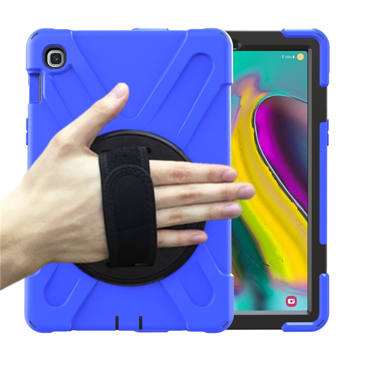 For Samsung Galaxy Tab S5e SM-T720 X-Shape 360 Degree Rotary Kickstand PC + Silicone Tablet Cover with Hand Strap - Blue-1