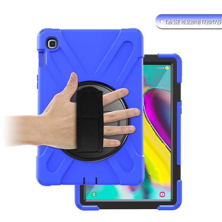 Pour Samsung Galaxy Tab S5e SM-T720 X-Shape 360 ​​degrés Kickstand PC + Couvercle de Tablette en Silicone Avec Sangle à Main - Bleu-3