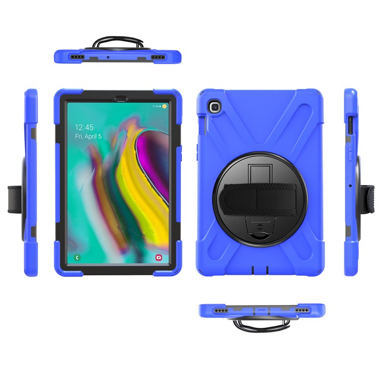 Pour Samsung Galaxy Tab S5e SM-T720 X-Shape 360 ​​degrés Kickstand PC + Couvercle de Tablette en Silicone Avec Sangle à Main - Bleu-4