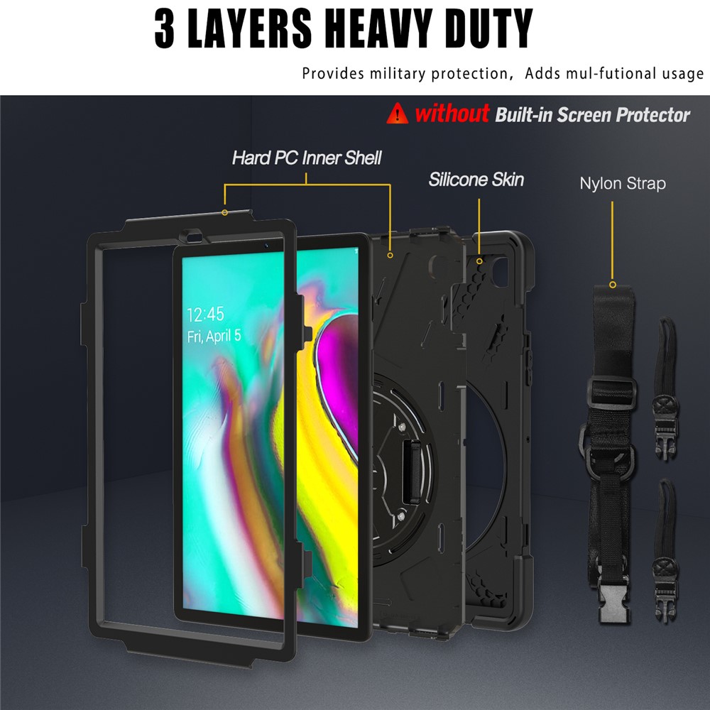 X-Shape 360 Degree Swivel PC + Silicone Combo Kickstand Shell with Hand Holder Strap and Shoulder Strap for Samsung Galaxy Tab S5e SM-T720 - Black-2