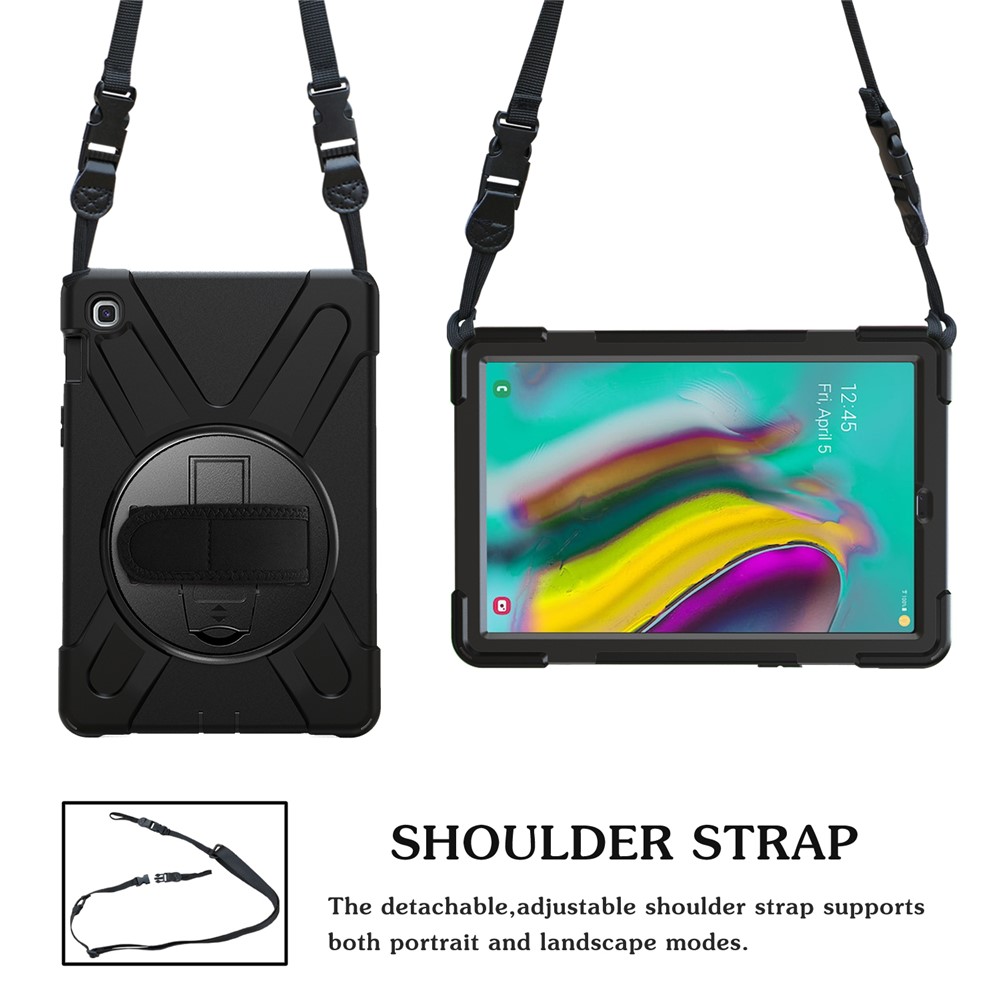 X-Shape 360 Degree Swivel PC + Silicone Combo Kickstand Shell with Hand Holder Strap and Shoulder Strap for Samsung Galaxy Tab S5e SM-T720 - Black-4