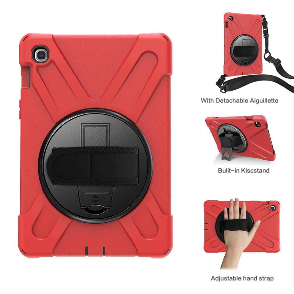 X-Shape 360 Degree Swivel PC + Silicone Combo Kickstand Shell with Hand Holder Strap and Shoulder Strap for Samsung Galaxy Tab S5e SM-T720 - Red-1