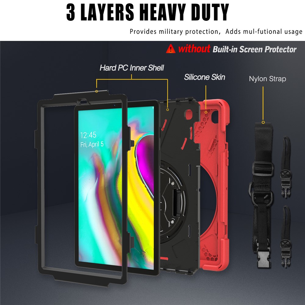 X-Shape 360 Degree Swivel PC + Silicone Combo Kickstand Shell with Hand Holder Strap and Shoulder Strap for Samsung Galaxy Tab S5e SM-T720 - Red-2
