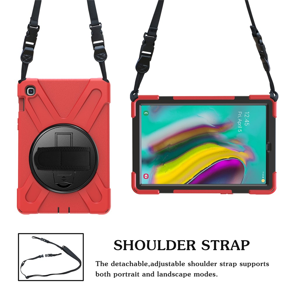 PC Pivotant PC Pivotant à 360 Degrés x + Coque de Kickstand Combo Silicone Avec Sangle de Porte-main et Sangle D'épaule Pour Samsung Galaxy Tab S5e SM-T720 - Rouge-4