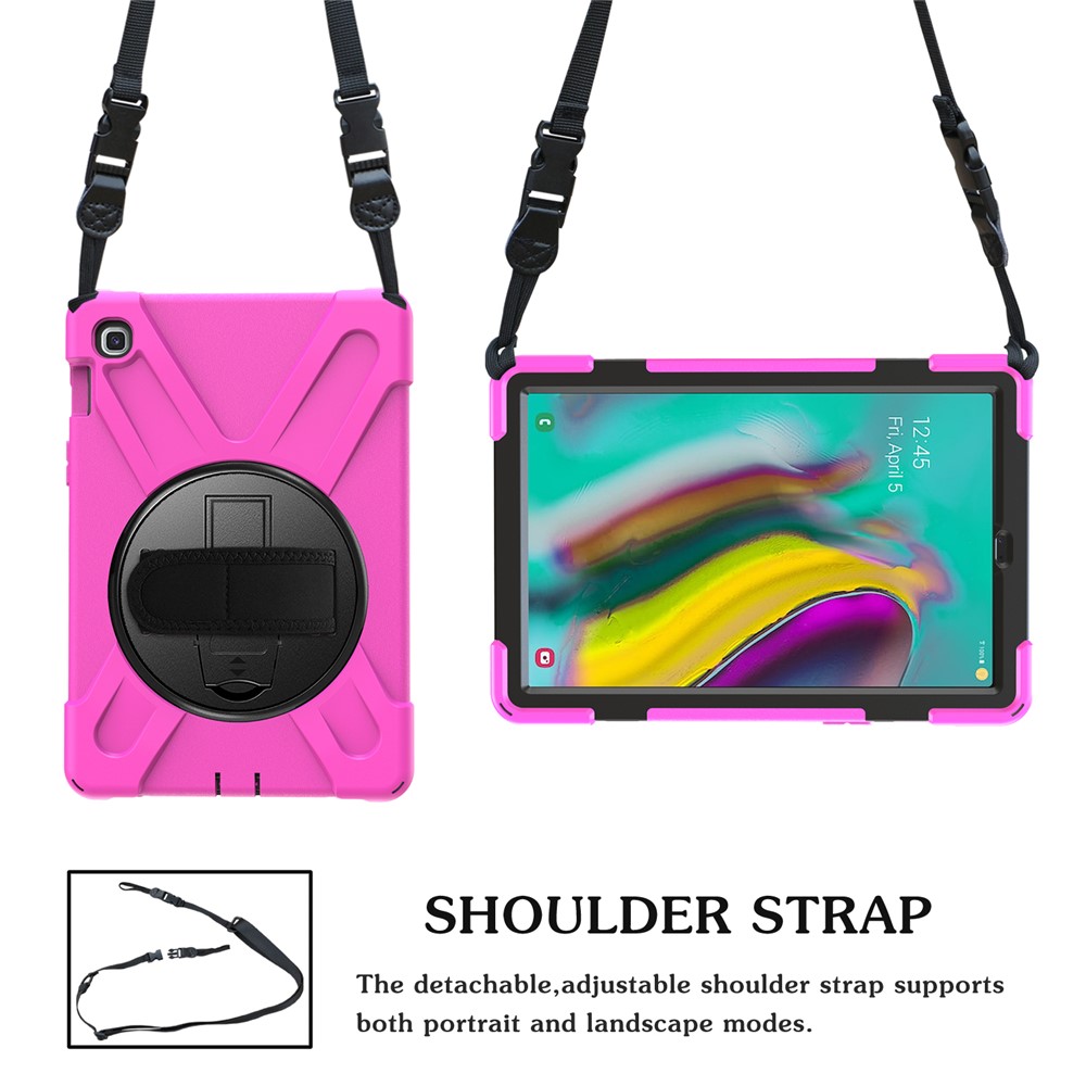 X-Shape 360 Degree Swivel PC + Silicone Combo Kickstand Shell with Hand Holder Strap and Shoulder Strap for Samsung Galaxy Tab S5e SM-T720 - Rose-4