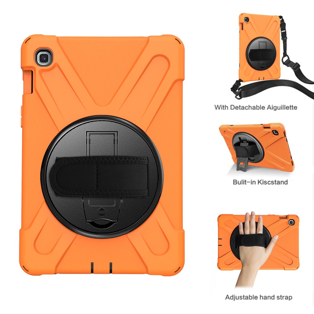 X-Shape 360 Degree Swivel PC + Silicone Combo Kickstand Shell with Hand Holder Strap and Shoulder Strap for Samsung Galaxy Tab S5e SM-T720 - Orange-1
