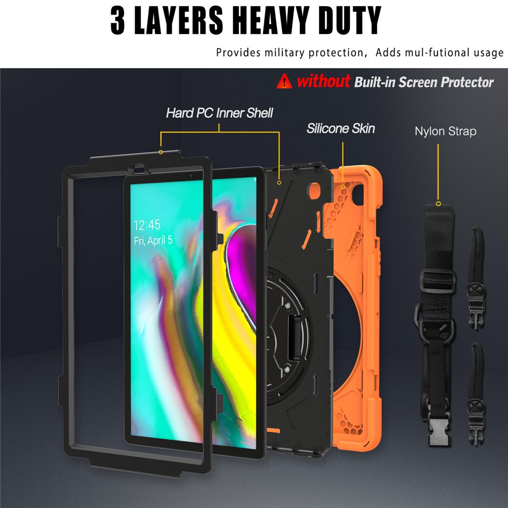 X-Shape 360 Degree Swivel PC + Silicone Combo Kickstand Shell with Hand Holder Strap and Shoulder Strap for Samsung Galaxy Tab S5e SM-T720 - Orange-2