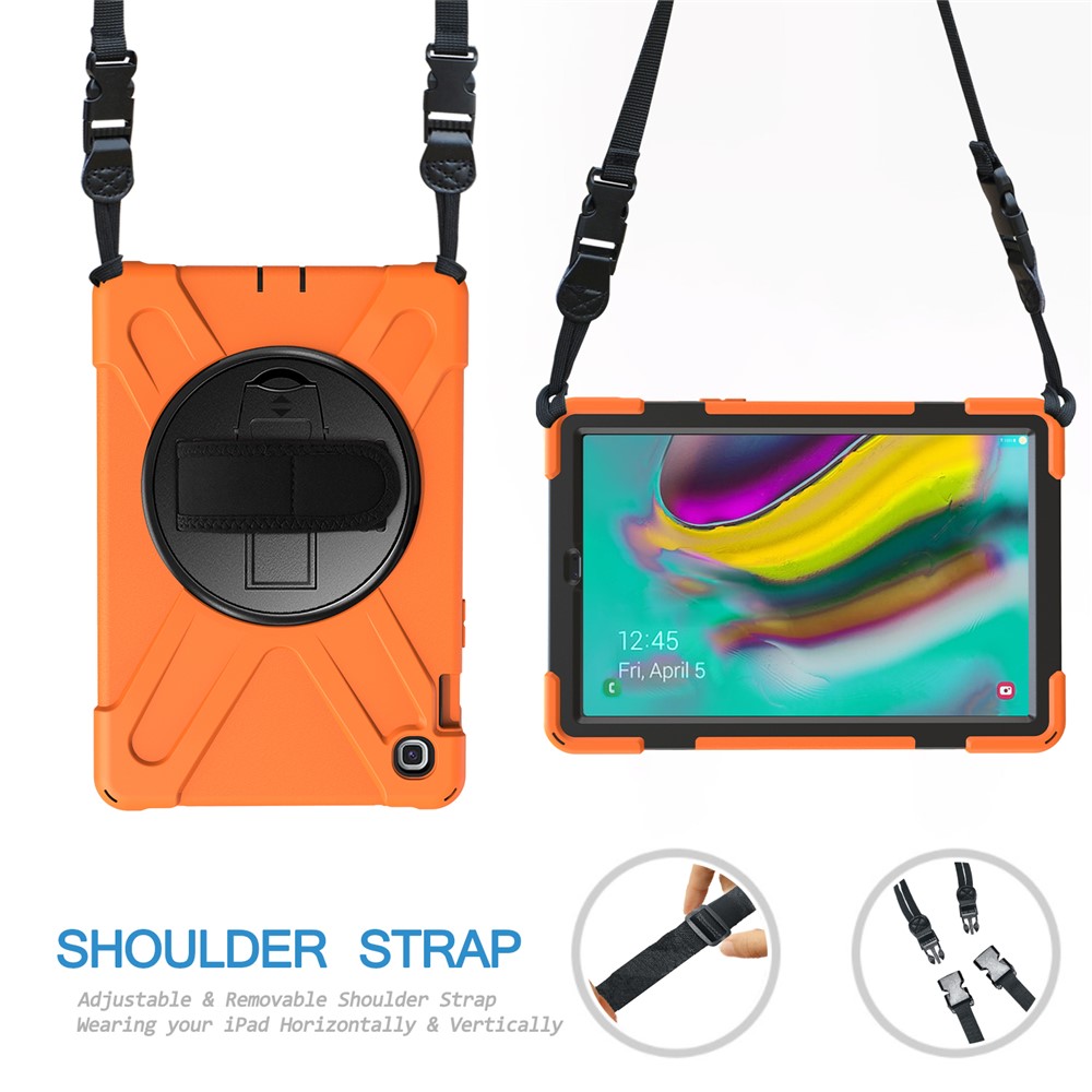 X-Shape 360 Degree Swivel PC + Silicone Combo Kickstand Shell with Hand Holder Strap and Shoulder Strap for Samsung Galaxy Tab S5e SM-T720 - Orange-3