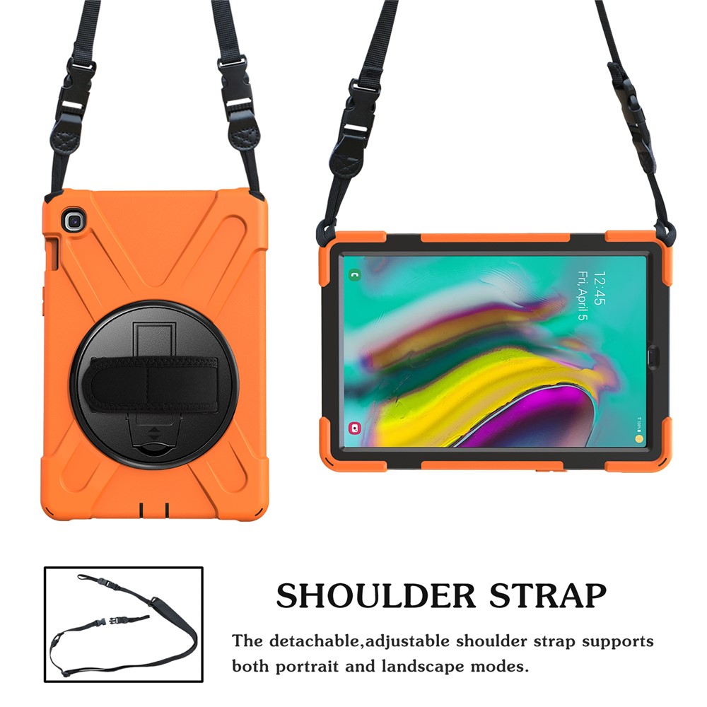 X-Shape 360 Degree Swivel PC + Silicone Combo Kickstand Shell with Hand Holder Strap and Shoulder Strap for Samsung Galaxy Tab S5e SM-T720 - Orange-4