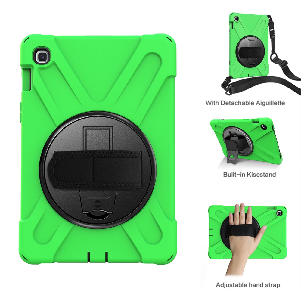 X-Shape 360 Degree Swivel PC + Silicone Combo Kickstand Shell with Hand Holder Strap and Shoulder Strap for Samsung Galaxy Tab S5e SM-T720 - Green-1