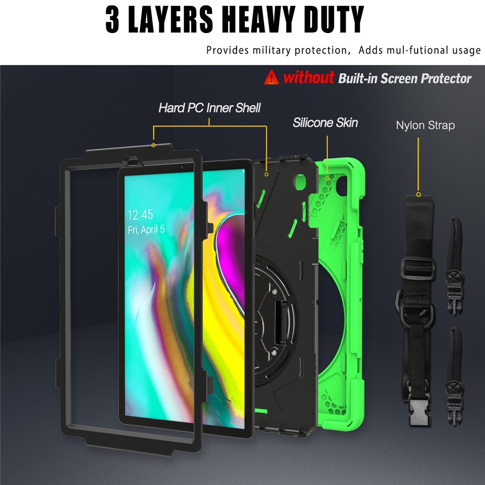 X-Shape 360 Degree Swivel PC + Silicone Combo Kickstand Shell with Hand Holder Strap and Shoulder Strap for Samsung Galaxy Tab S5e SM-T720 - Green-2