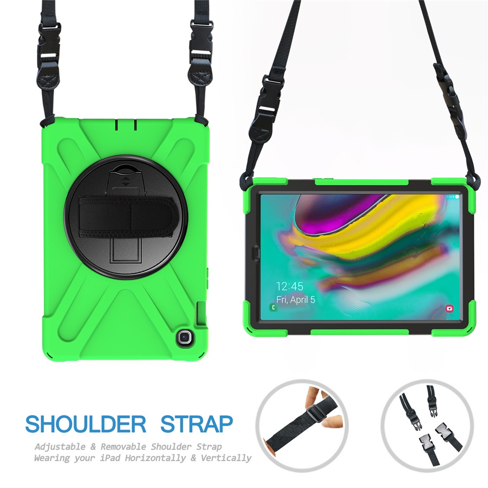 X-Shape 360 Degree Swivel PC + Silicone Combo Kickstand Shell with Hand Holder Strap and Shoulder Strap for Samsung Galaxy Tab S5e SM-T720 - Green-3
