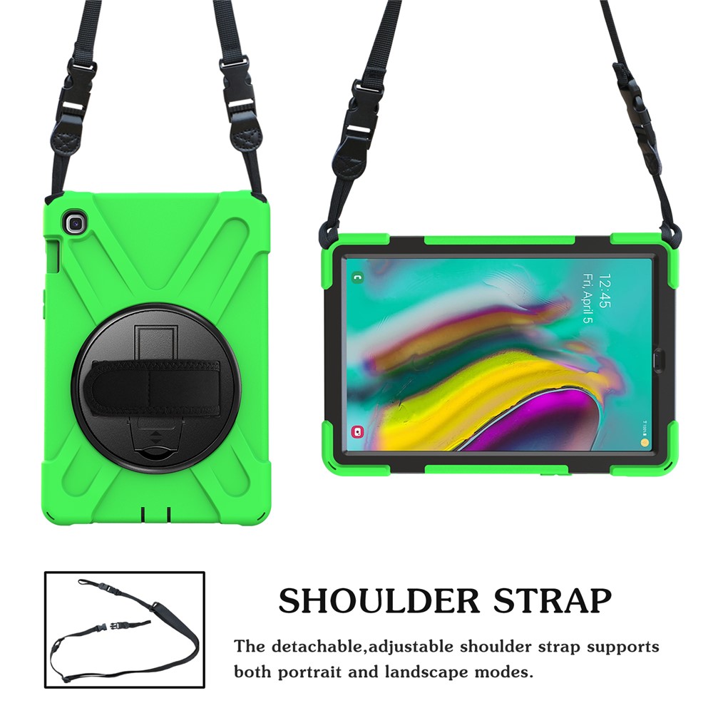 X-Shape 360 Degree Swivel PC + Silicone Combo Kickstand Shell with Hand Holder Strap and Shoulder Strap for Samsung Galaxy Tab S5e SM-T720 - Green-4