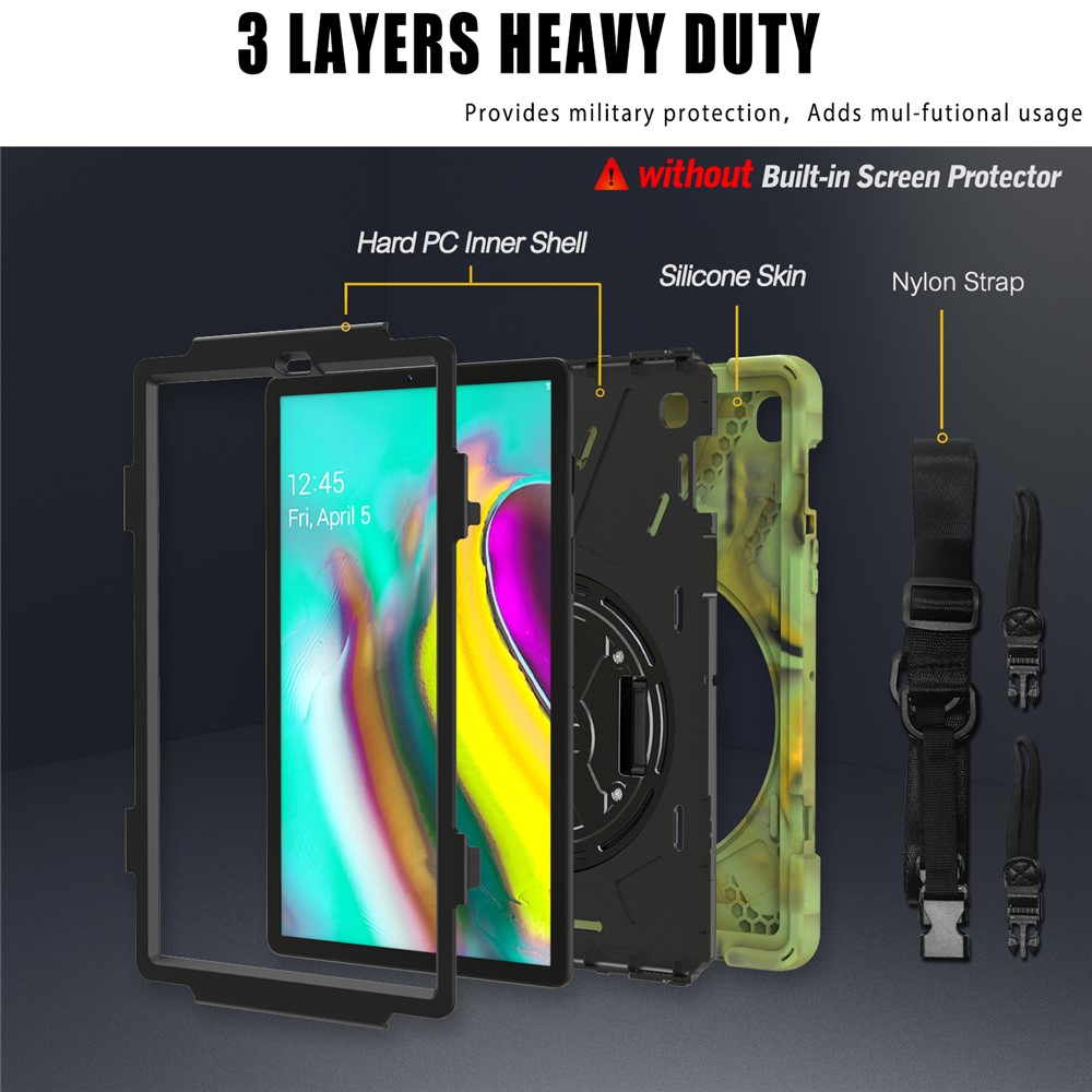 X-Shape 360 Degree Swivel PC + Silicone Combo Kickstand Shell with Hand Holder Strap and Shoulder Strap for Samsung Galaxy Tab S5e SM-T720 - Army Green-2