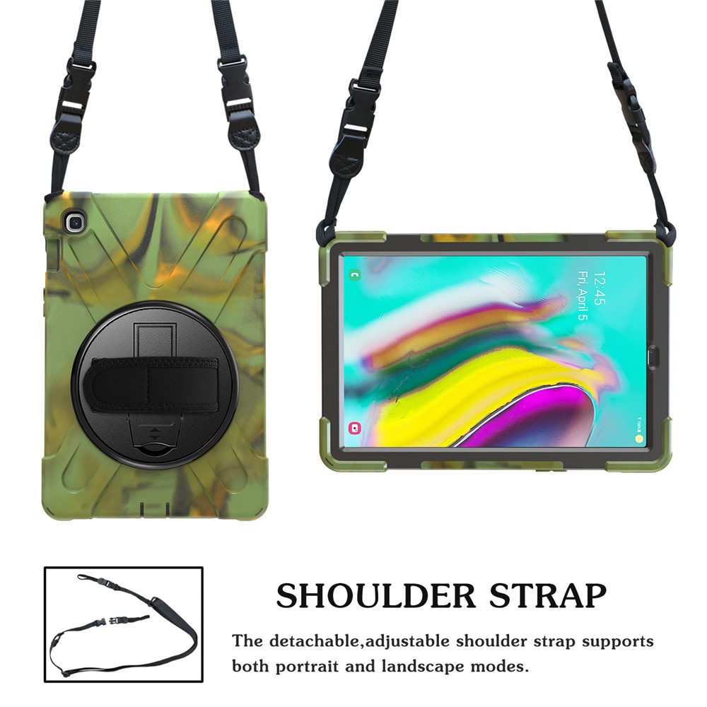 X-Shape 360 Degree Swivel PC + Silicone Combo Kickstand Shell with Hand Holder Strap and Shoulder Strap for Samsung Galaxy Tab S5e SM-T720 - Army Green-4