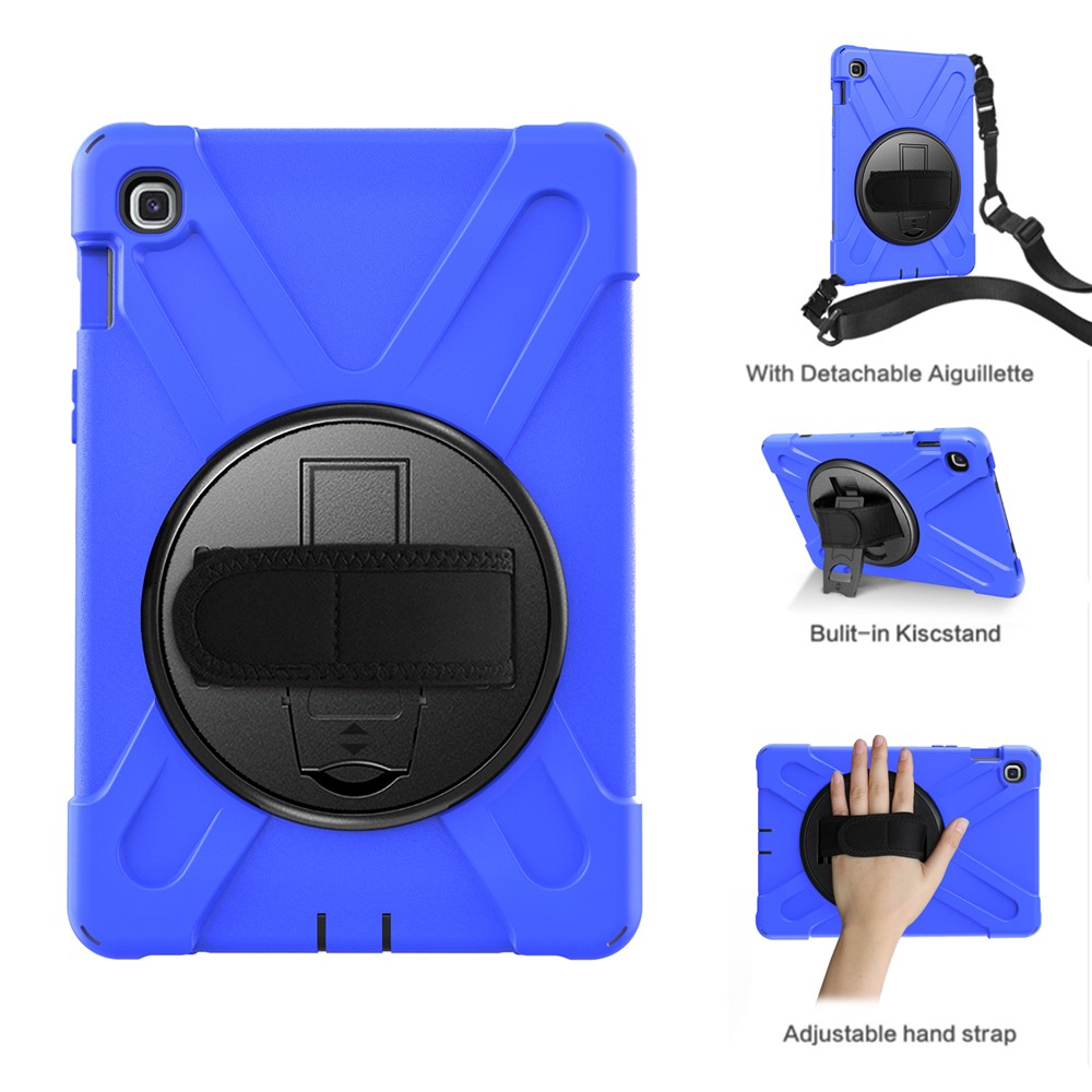 X-Shape 360 Degree Swivel PC + Silicone Combo Kickstand Shell with Hand Holder Strap and Shoulder Strap for Samsung Galaxy Tab S5e SM-T720 - Blue-1