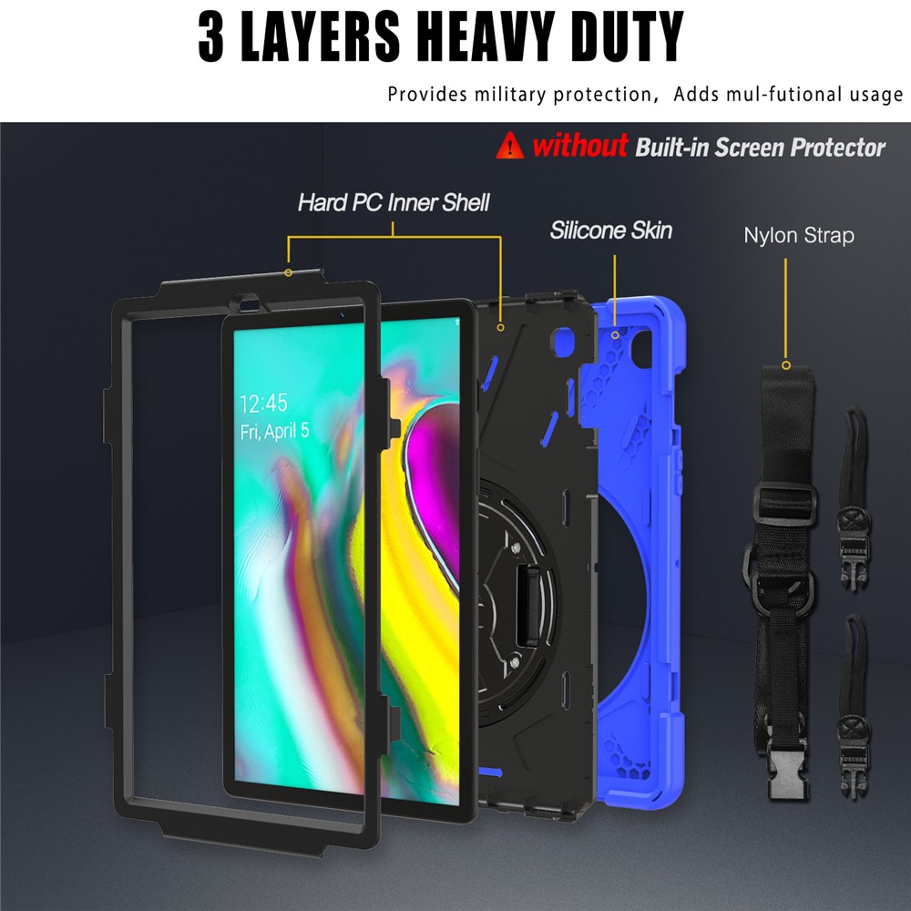 X-Shape 360 Degree Swivel PC + Silicone Combo Kickstand Shell with Hand Holder Strap and Shoulder Strap for Samsung Galaxy Tab S5e SM-T720 - Blue-2