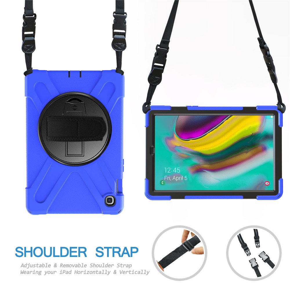 X-Shape 360 Degree Swivel PC + Silicone Combo Kickstand Shell with Hand Holder Strap and Shoulder Strap for Samsung Galaxy Tab S5e SM-T720 - Blue-3