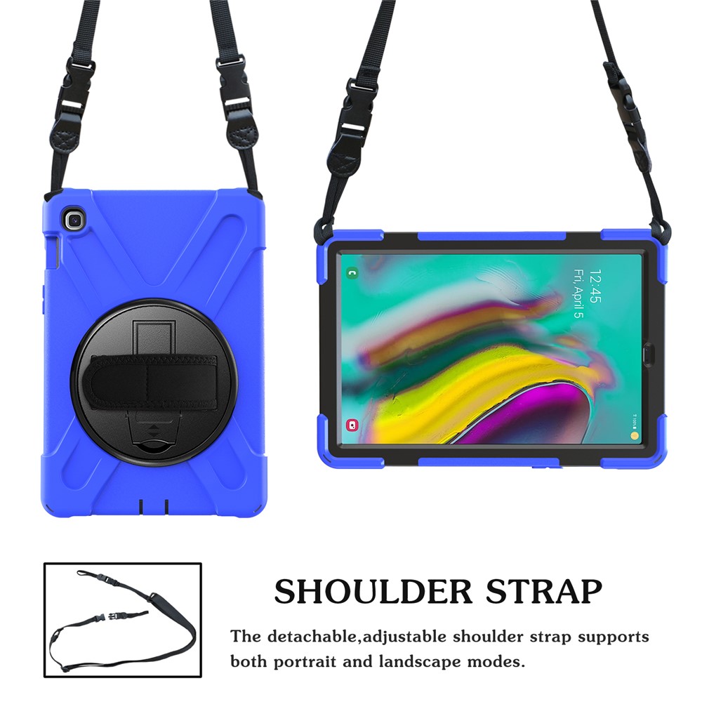 X-Shape 360 Degree Swivel PC + Silicone Combo Kickstand Shell with Hand Holder Strap and Shoulder Strap for Samsung Galaxy Tab S5e SM-T720 - Blue-4