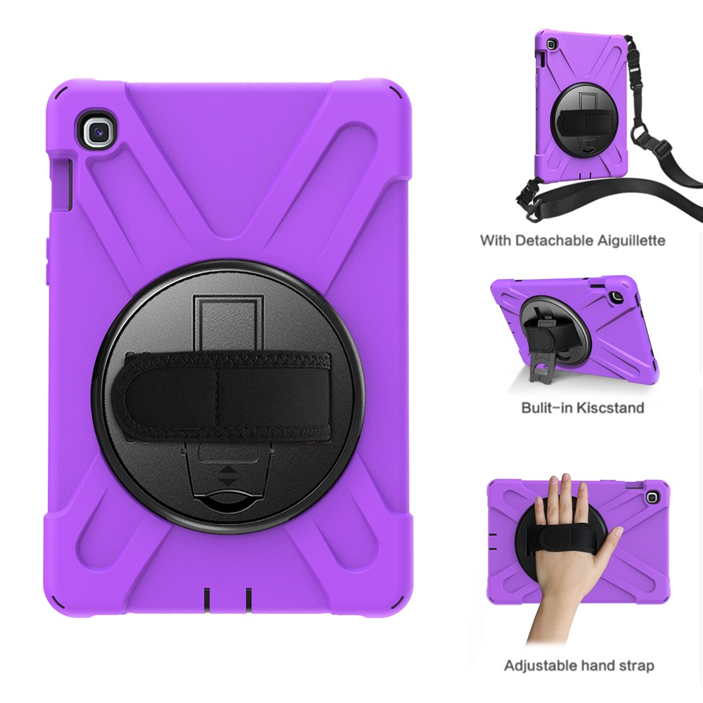 X-Shape 360 Degree Swivel PC + Silicone Combo Kickstand Shell with Hand Holder Strap and Shoulder Strap for Samsung Galaxy Tab S5e SM-T720 - Purple-1