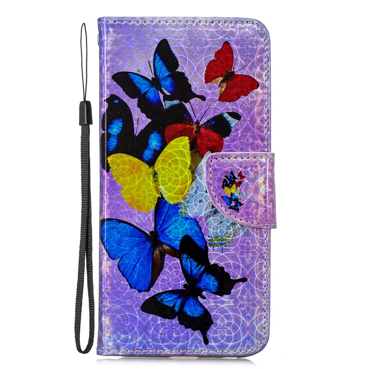 Laser Carving Pattern Printing Wallet Leather Phone Case with Strap for Samsung Galaxy J4+/J4 Plus - Colorful Butterflies-3