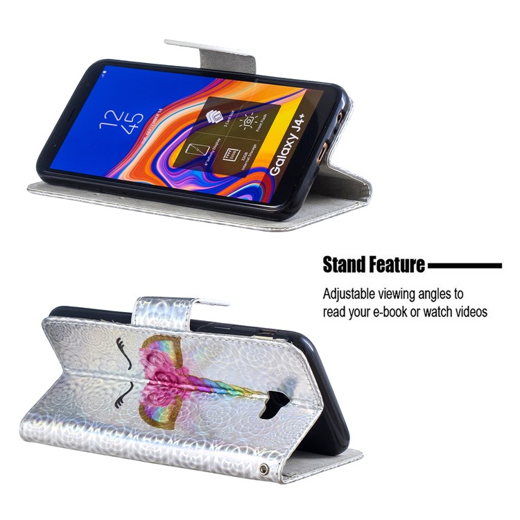 Laser Carving Pattern Printing Wallet Leather Phone Case with Strap for Samsung Galaxy J4+/J4 Plus - Happy Eyes under the Flower Hat-2