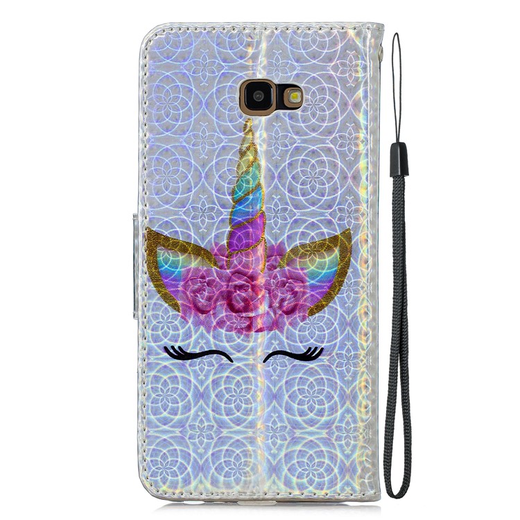 Laser Carving Pattern Printing Wallet Leather Phone Case with Strap for Samsung Galaxy J4+/J4 Plus - Happy Eyes under the Flower Hat-4