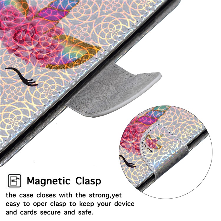 Laser Carving Pattern Printing Wallet Leather Phone Case with Strap for Samsung Galaxy J4+/J4 Plus - Happy Eyes under the Flower Hat-6