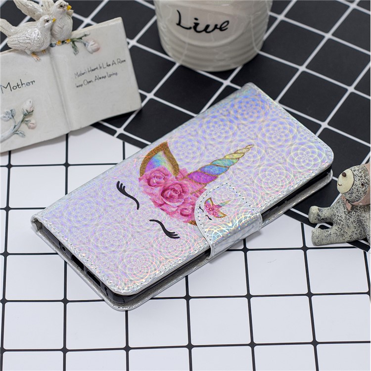 Laser Carving Pattern Printing Wallet Leather Phone Case with Strap for Samsung Galaxy J4+/J4 Plus - Happy Eyes under the Flower Hat-7