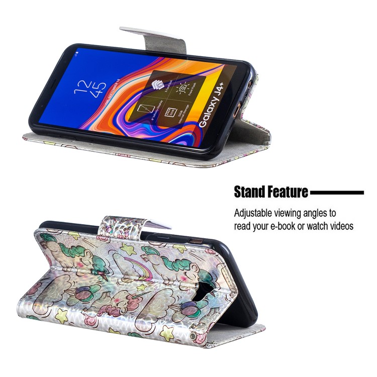 Laser Carving Pattern Printing Wallet Leather Phone Case with Strap for Samsung Galaxy J4+/J4 Plus - Unicorns and Cloud-2