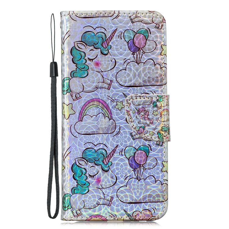 Laser Carving Pattern Printing Wallet Leather Phone Case with Strap for Samsung Galaxy J4+/J4 Plus - Unicorns and Cloud-3