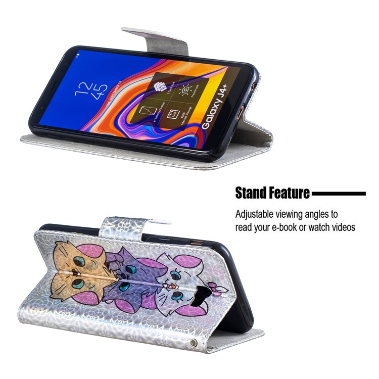 Laser Carving Pattern Printing Wallet Leather Phone Case with Strap for Samsung Galaxy J4+/J4 Plus - Three Cute Cats-2