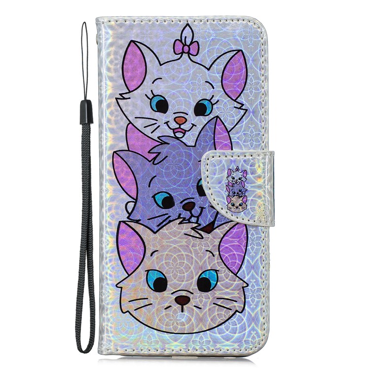 Laser Carving Pattern Printing Wallet Leather Phone Case with Strap for Samsung Galaxy J4+/J4 Plus - Three Cute Cats-3