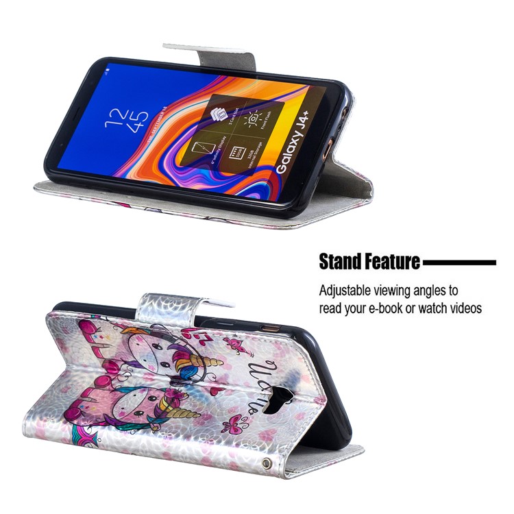 Laser Carving Pattern Printing Wallet Leather Phone Case with Strap for Samsung Galaxy J4+/J4 Plus - Couple Unicorns-2