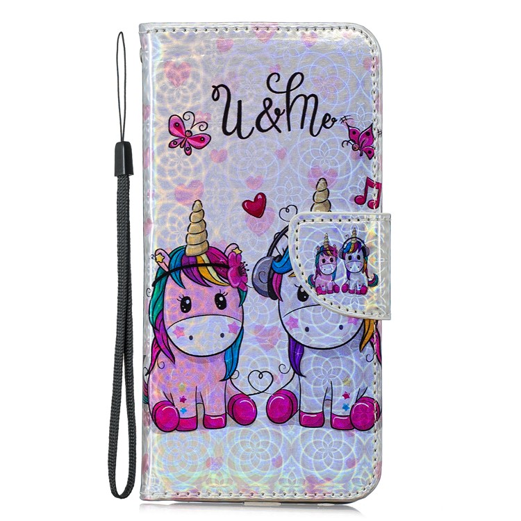 Laser Carving Pattern Printing Wallet Leather Phone Case with Strap for Samsung Galaxy J4+/J4 Plus - Couple Unicorns-3