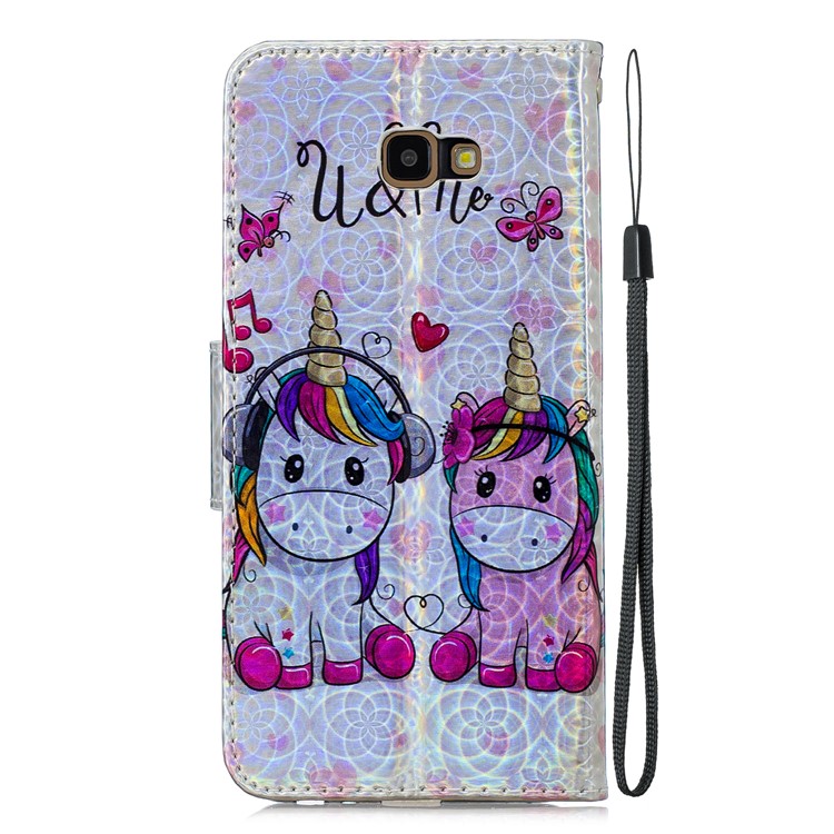 Laser Carving Pattern Printing Wallet Leather Phone Case with Strap for Samsung Galaxy J4+/J4 Plus - Couple Unicorns-4