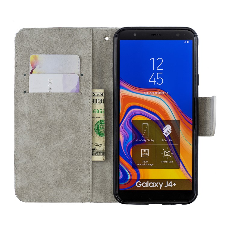 Laser Carving Pattern Printing Wallet Leather Phone Case with Strap for Samsung Galaxy J4+/J4 Plus - Couple Unicorns-5