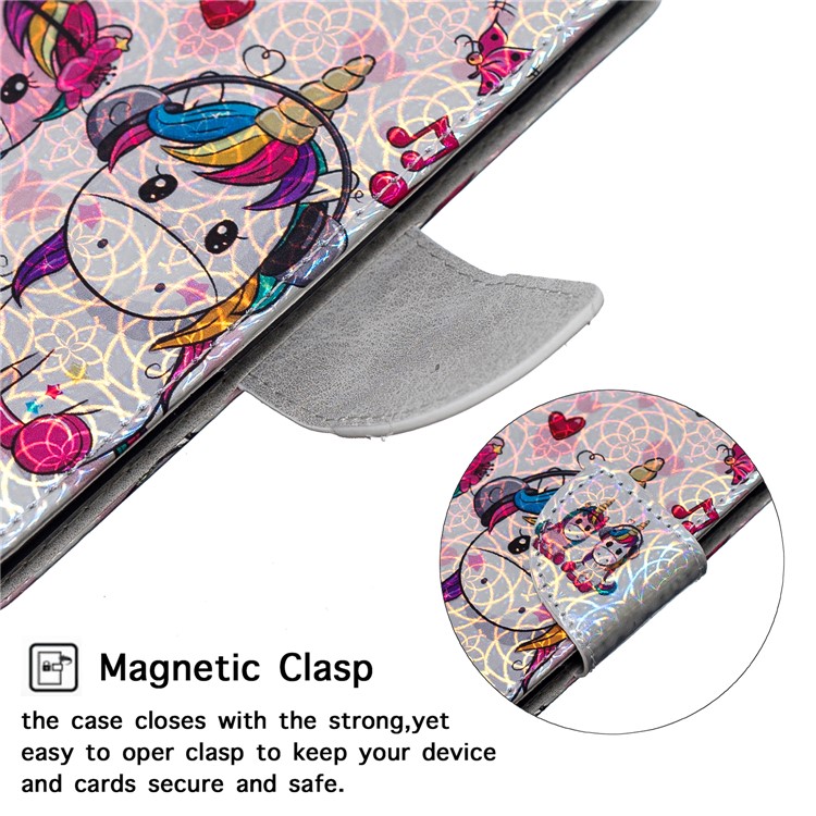 Laser Carving Pattern Printing Wallet Leather Phone Case with Strap for Samsung Galaxy J4+/J4 Plus - Couple Unicorns-6