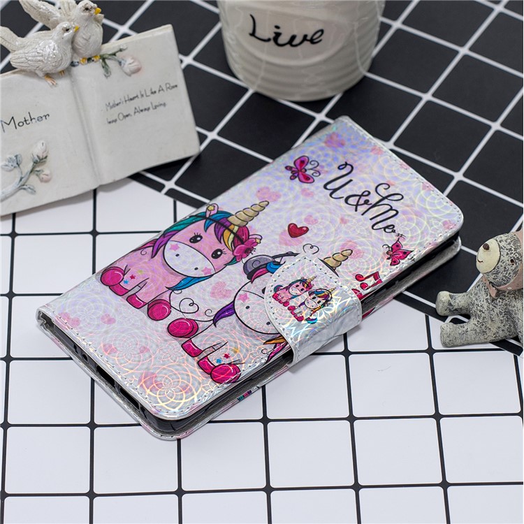 Laser Carving Pattern Printing Wallet Leather Phone Case with Strap for Samsung Galaxy J4+/J4 Plus - Couple Unicorns-7