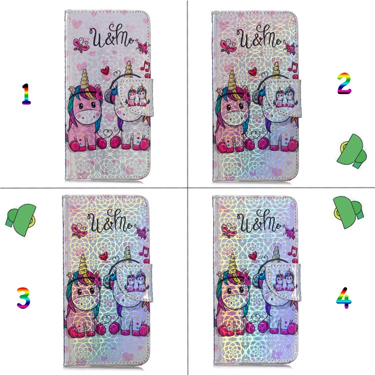 Laser Carving Pattern Printing Wallet Leather Phone Case with Strap for Samsung Galaxy J4+/J4 Plus - Couple Unicorns-8